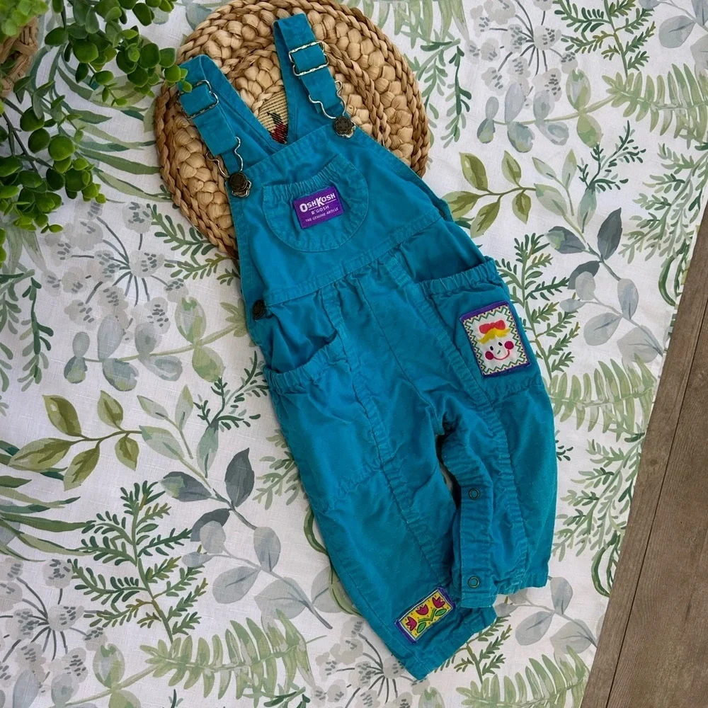 Vintage OshKosh Toddler girl Patchwork Textured Overalls Made USA Dolly Flower